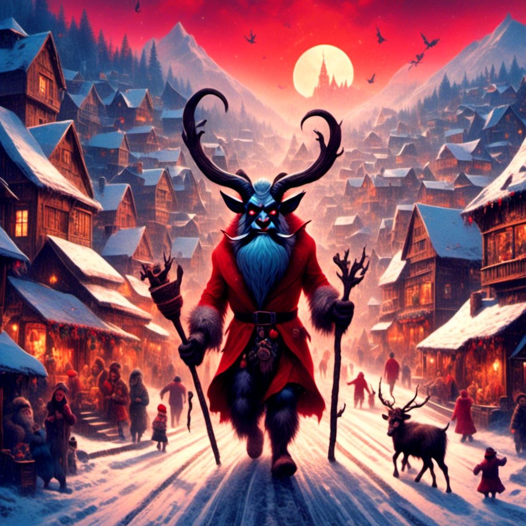 Krampus in Snowy Christmas Village, Cartoonish Vintage Style