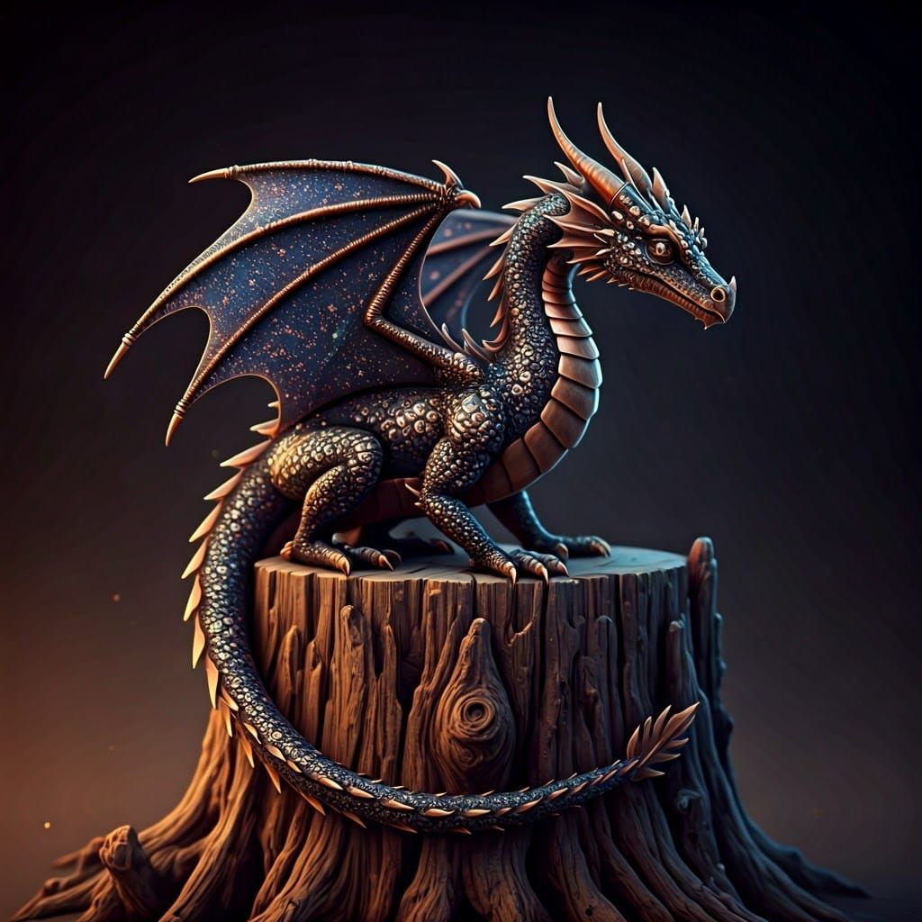 Bioluminescent Crystal Dragon Sculpture on Tree Stump