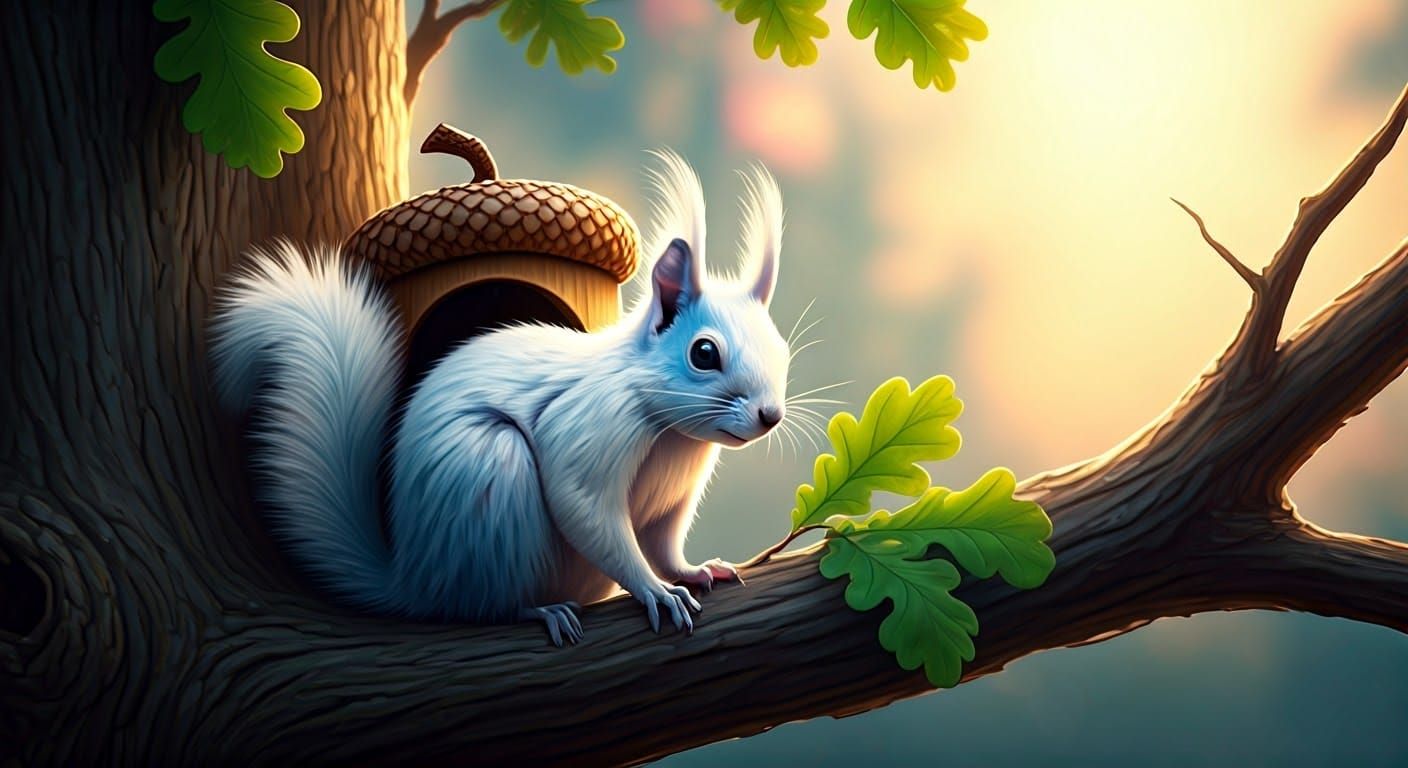 Surrealistic Squirrel in Acorn House, Spring Morning