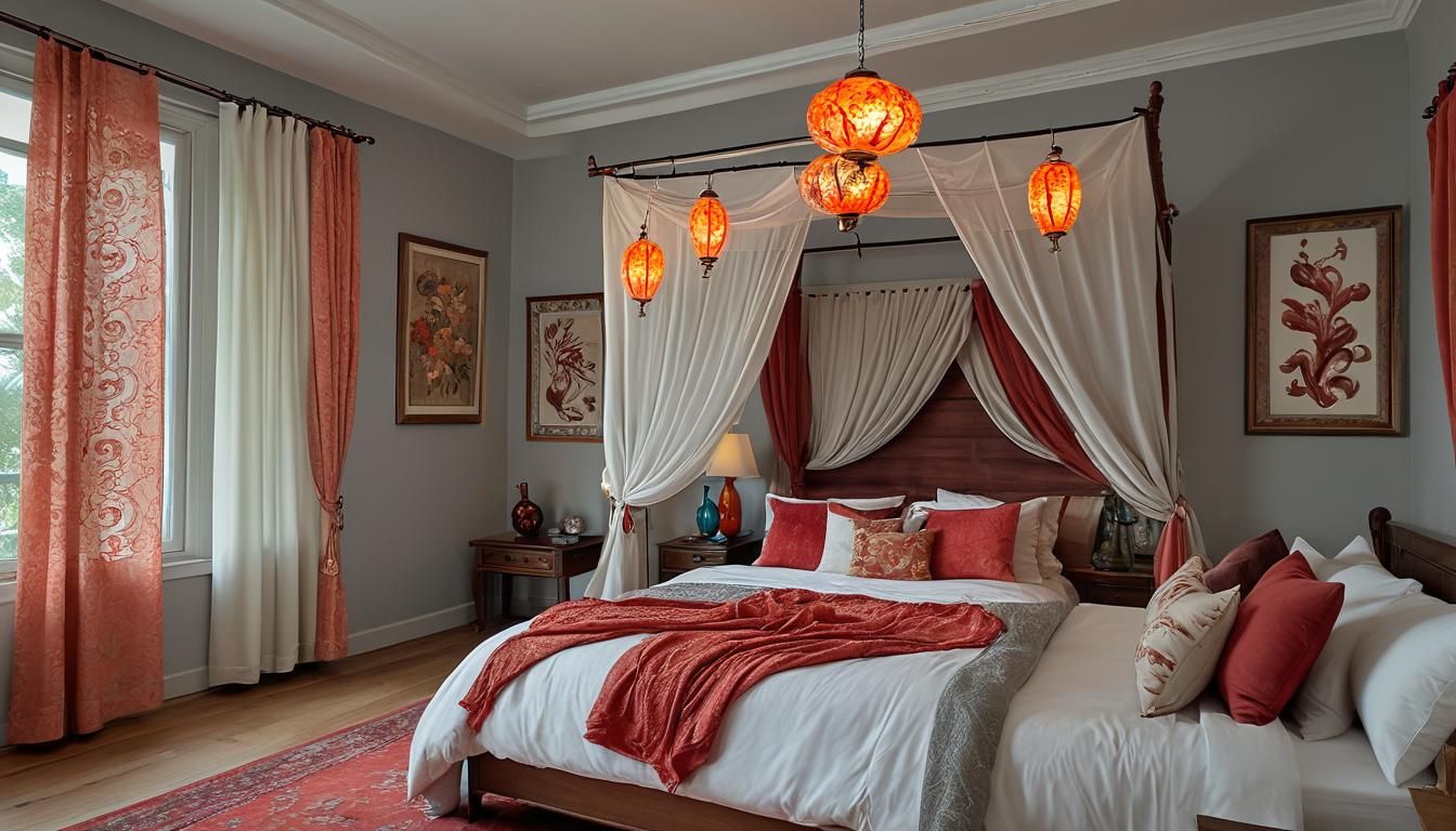 (Dimly lit bedroom with electric lanterns hung on the wall with large comfortable queen sized bed in coral colors comfor...