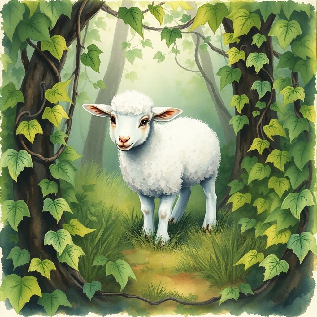 Fluffy Lamb Grazing in Lush Forest, Watercolor Style