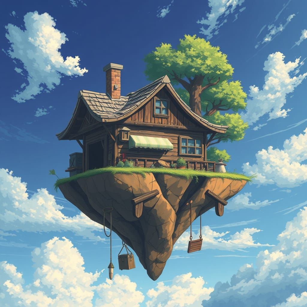 Floating Island Cottage in Anime Style