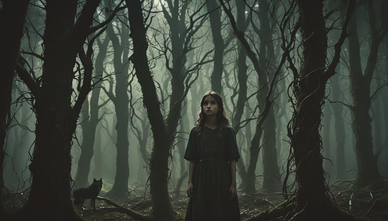 Enchanted Forest: Girl Watches Wolves in Moonlight