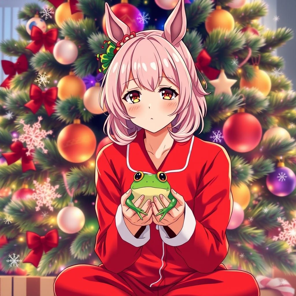 Woman with Pastel Pink Hair and Horse Ears in Festive Christ...