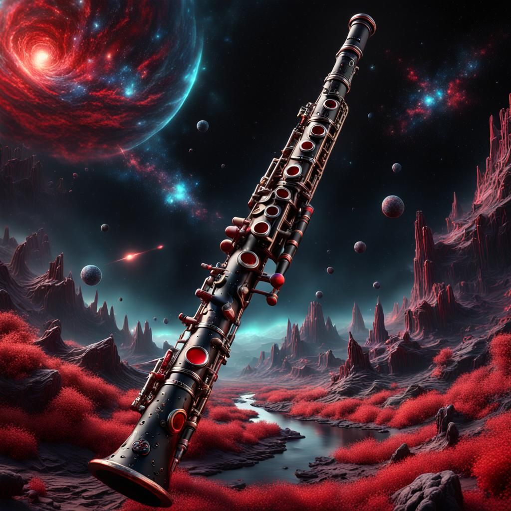 Cosmic Clarinet: Black and Red Fantasy Art