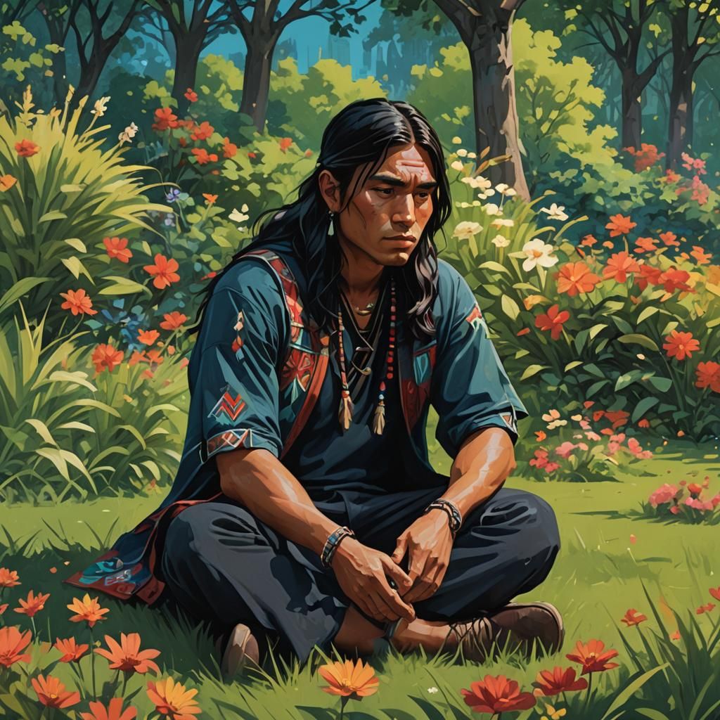 Native American Man in Dreamy Landscape: Concept Art