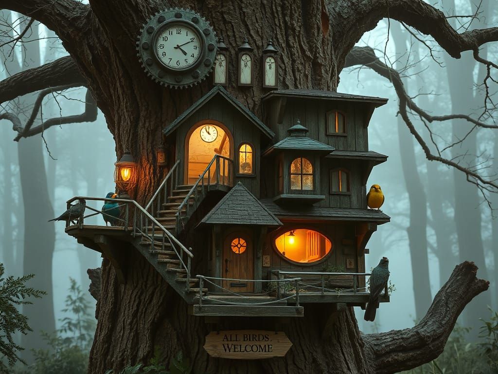 Steampunk Birdhouse Village Fantasy Art in Oil Painting
