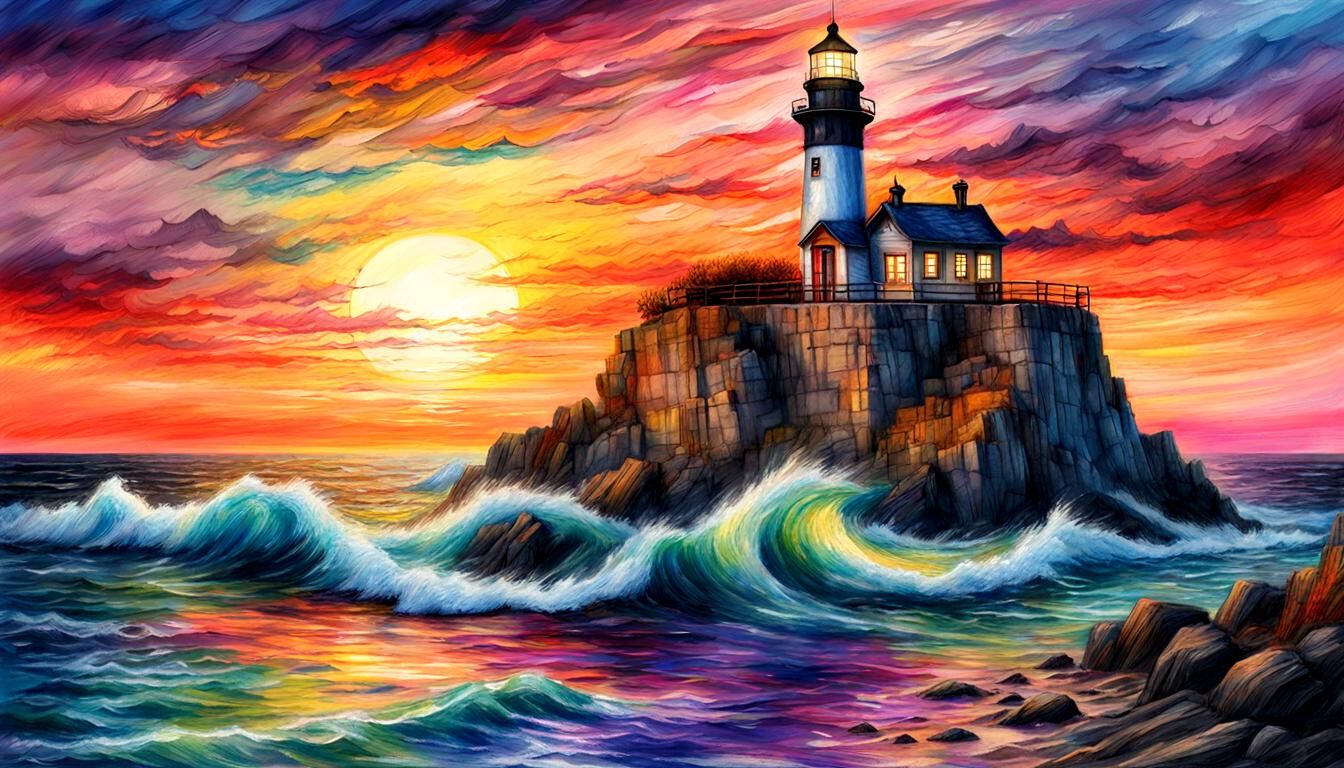 Colorful Sunset Crayon Sketch with Lighthouse