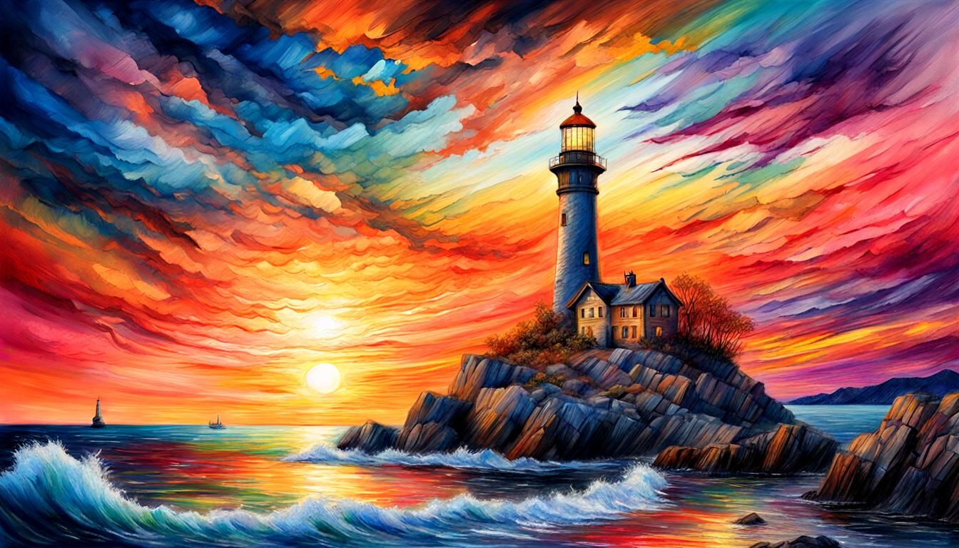 Colorful Sea Sunset Crayon Sketch with Lighthouse