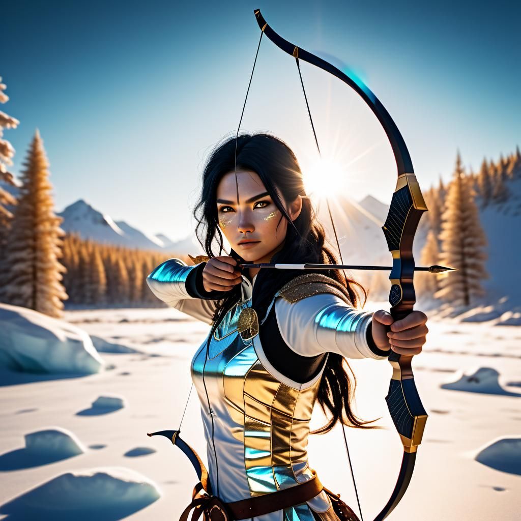 Beautiful Archer Woman with Arctic Bow in Winter