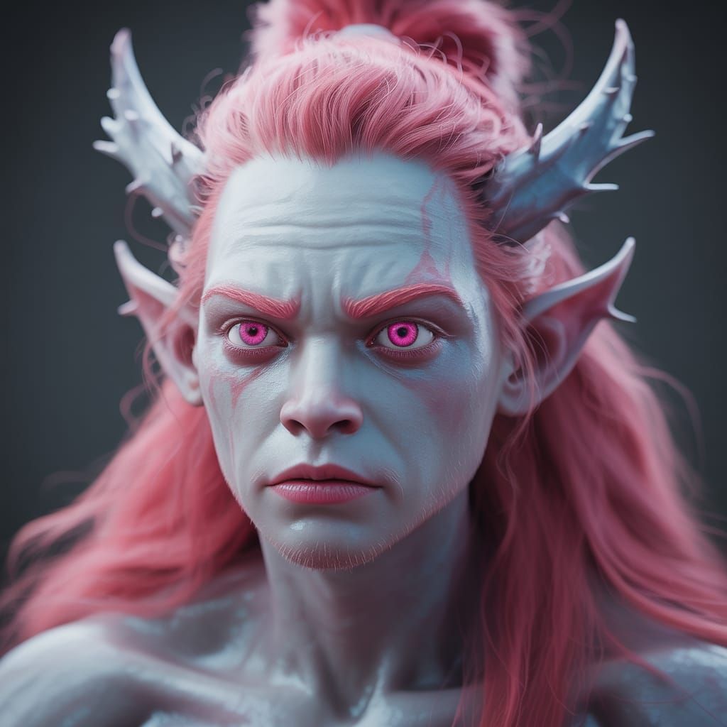 Hyperrealistic Half-Orc with Pink Eyes in Splash Art Style