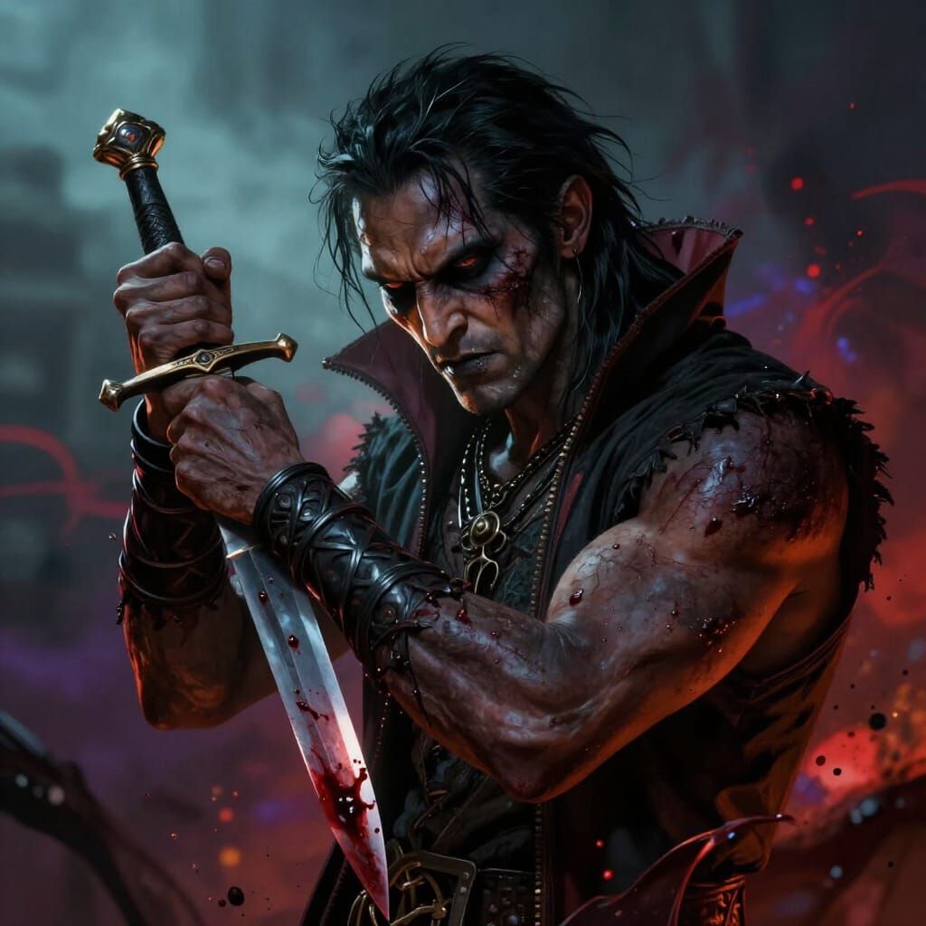 Battle-Scarred Vampire Magus With Bloody Dagger