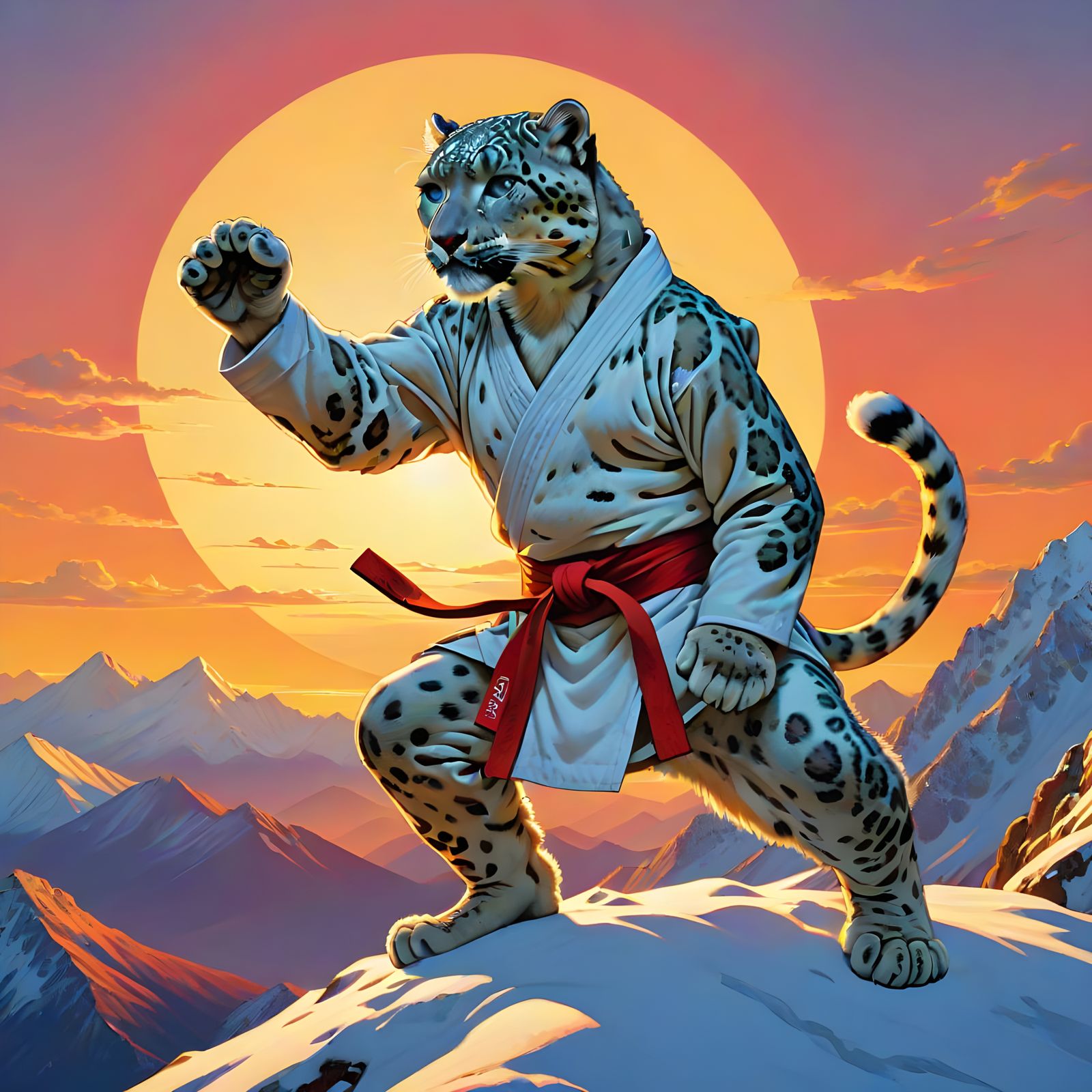 Snow Leopard Karate Master at Sunset: Art Nouveau