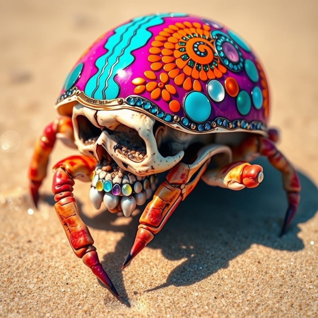 Psychedelic Hermit Crab with Skull Shell on Sunny Beach