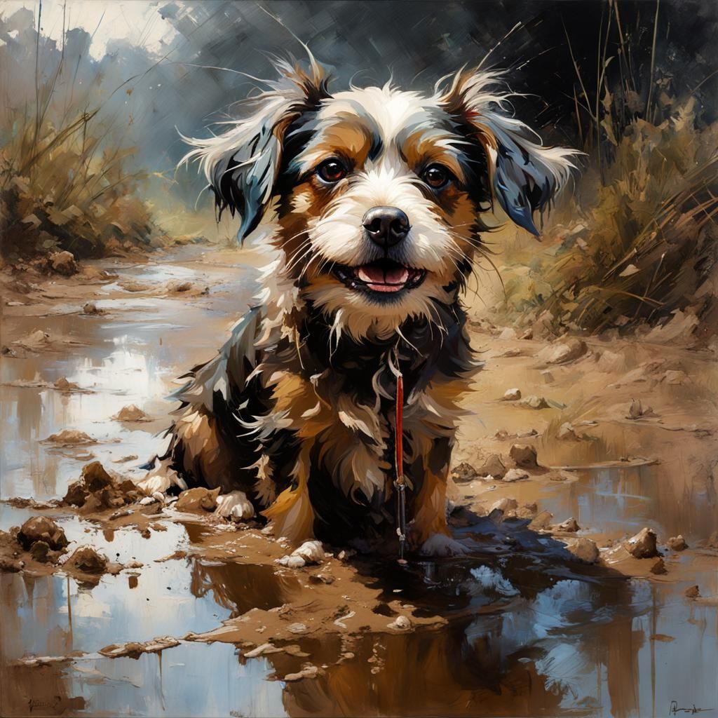 Mud-Covered Dog in Matte Painting Style