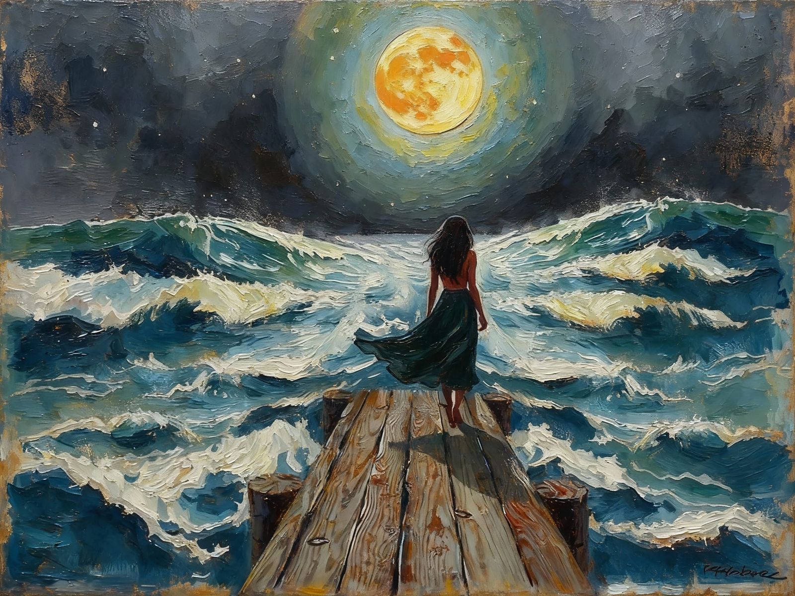 Impasto Oil Painting of Woman on Dock Under Full Moon