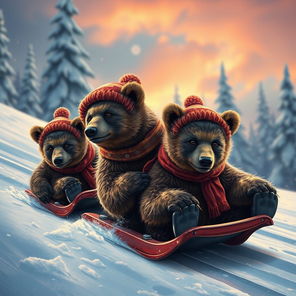 Grizzly Cubs Sledding in Winter, Digital Painting