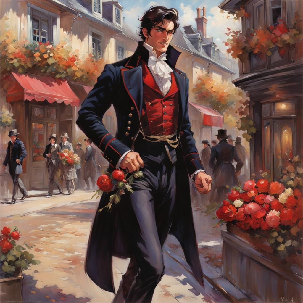 Victorian Man in Red Vest Walking on Village Street