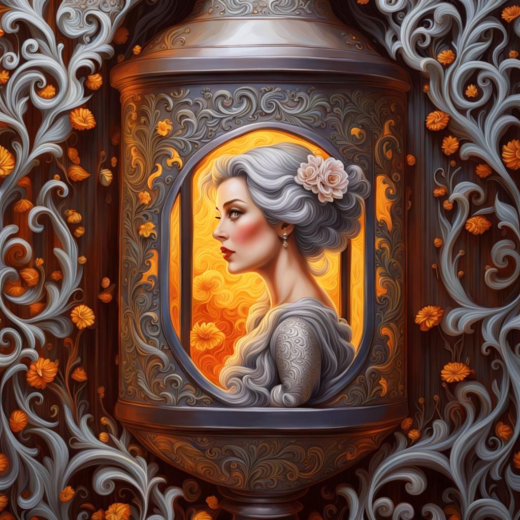 Silver-Haired Woman in Antique Lantern: Gothic Art