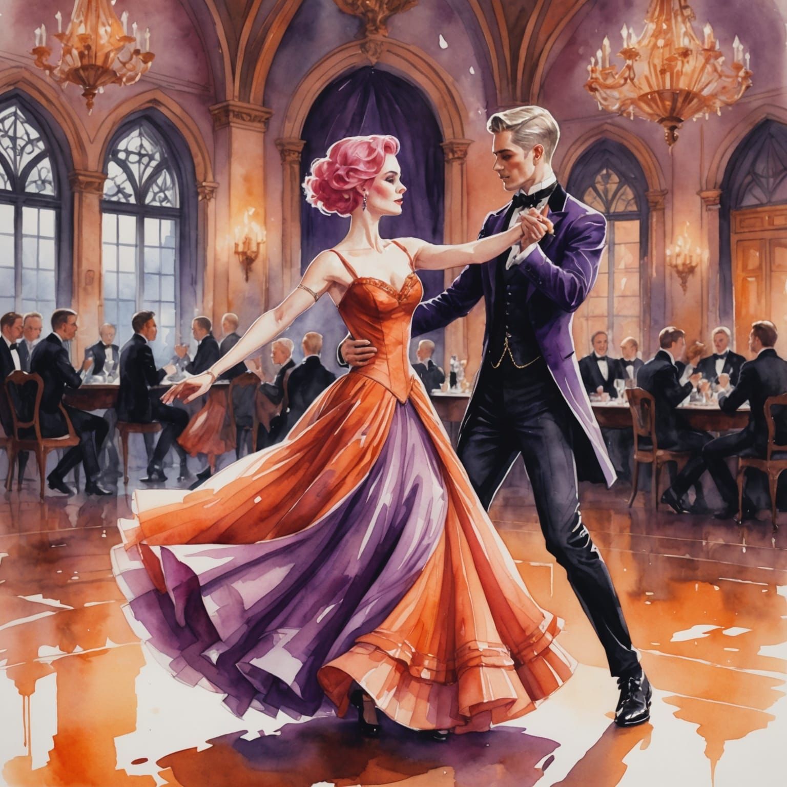 Gothic Ballroom Dance in Watercolor Style