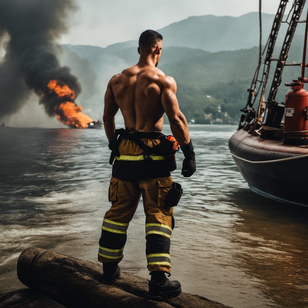 Shirtless Firefighter in Flames: A Digital Painting