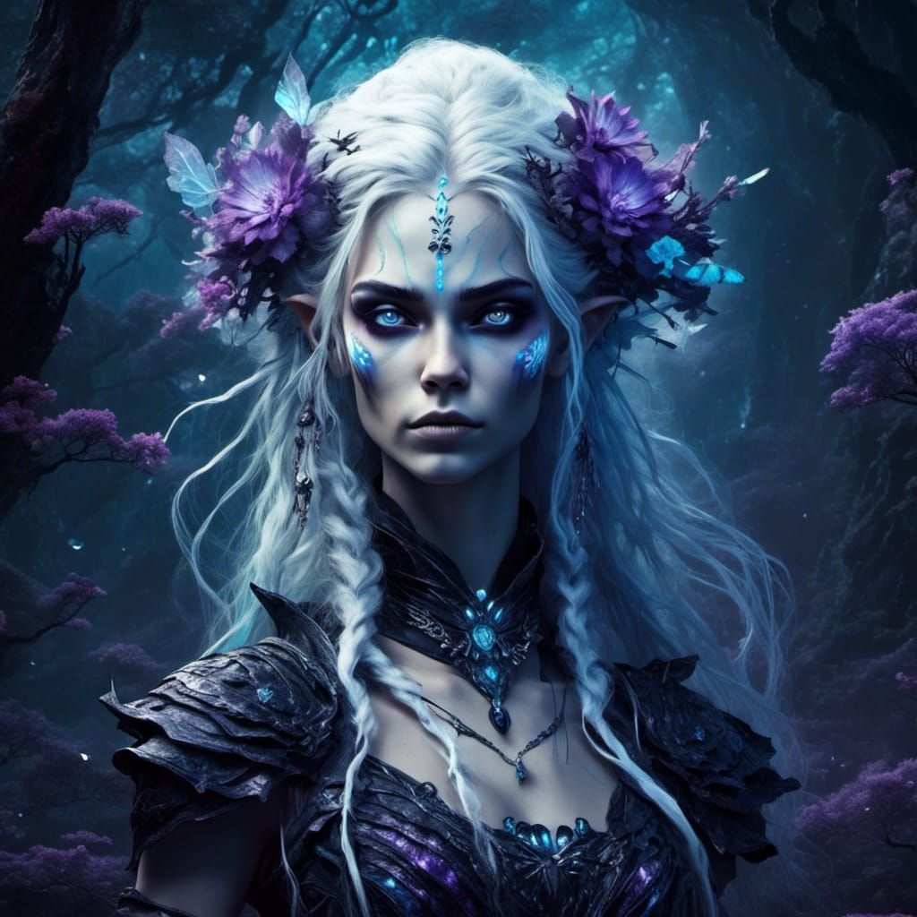Onyx Elf with Bioluminescent Flowers in Dark Forest