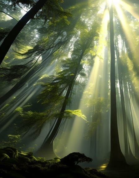 Misty Forest Sunlight in Detailed Matte Painting