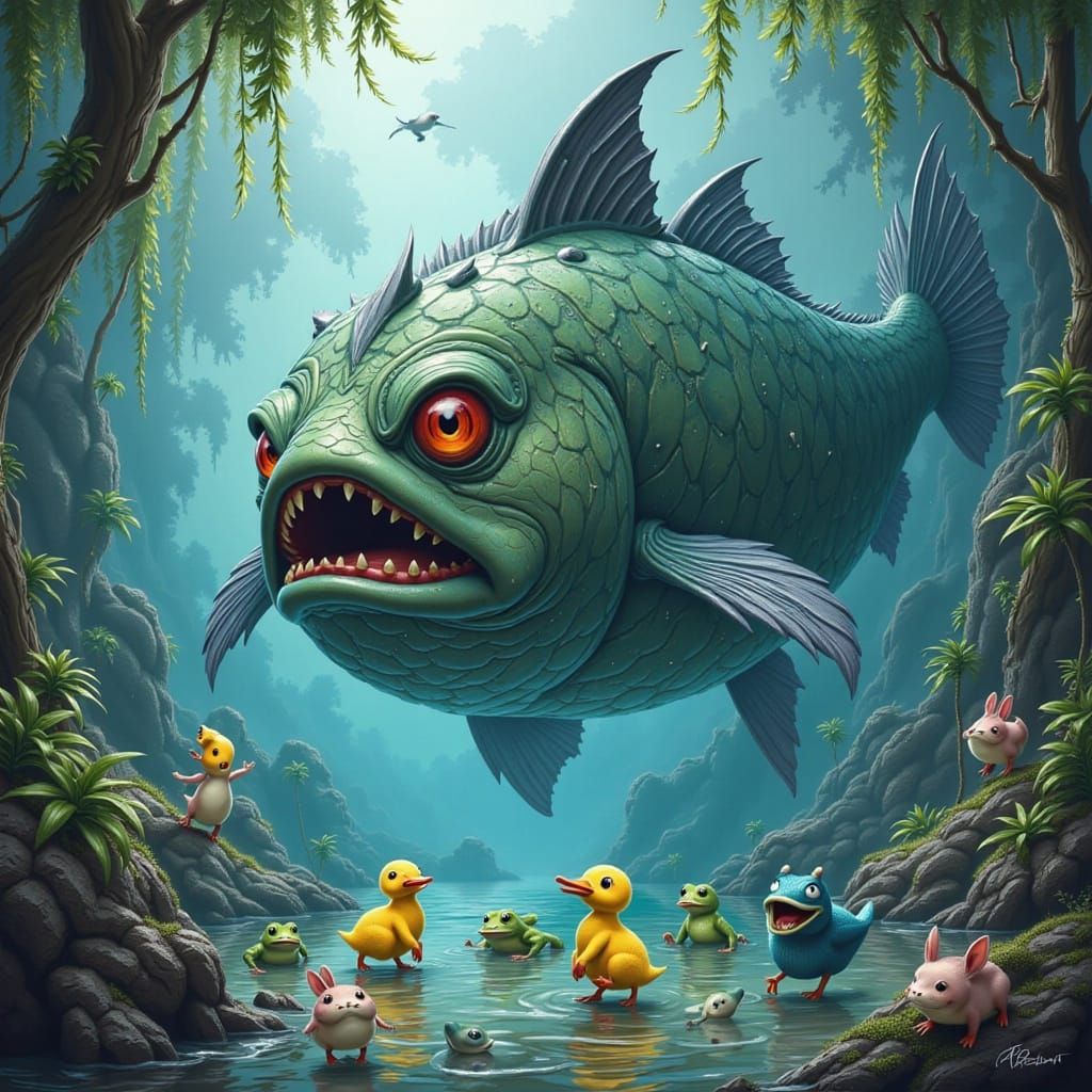 Sea Monster Emerges in Bunny Bay: Whimsical Art