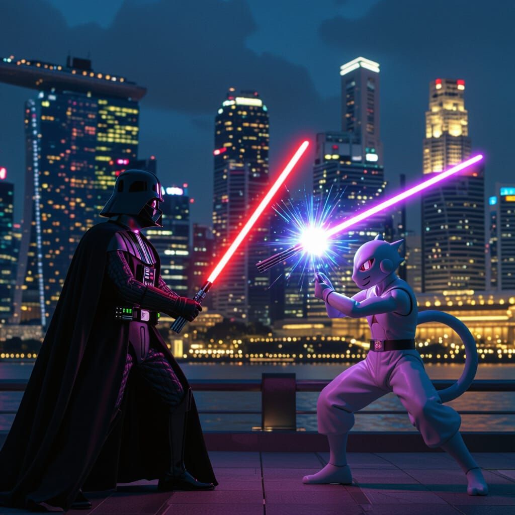 Darth Vader Battles Mewtwo in Singapore Skyline