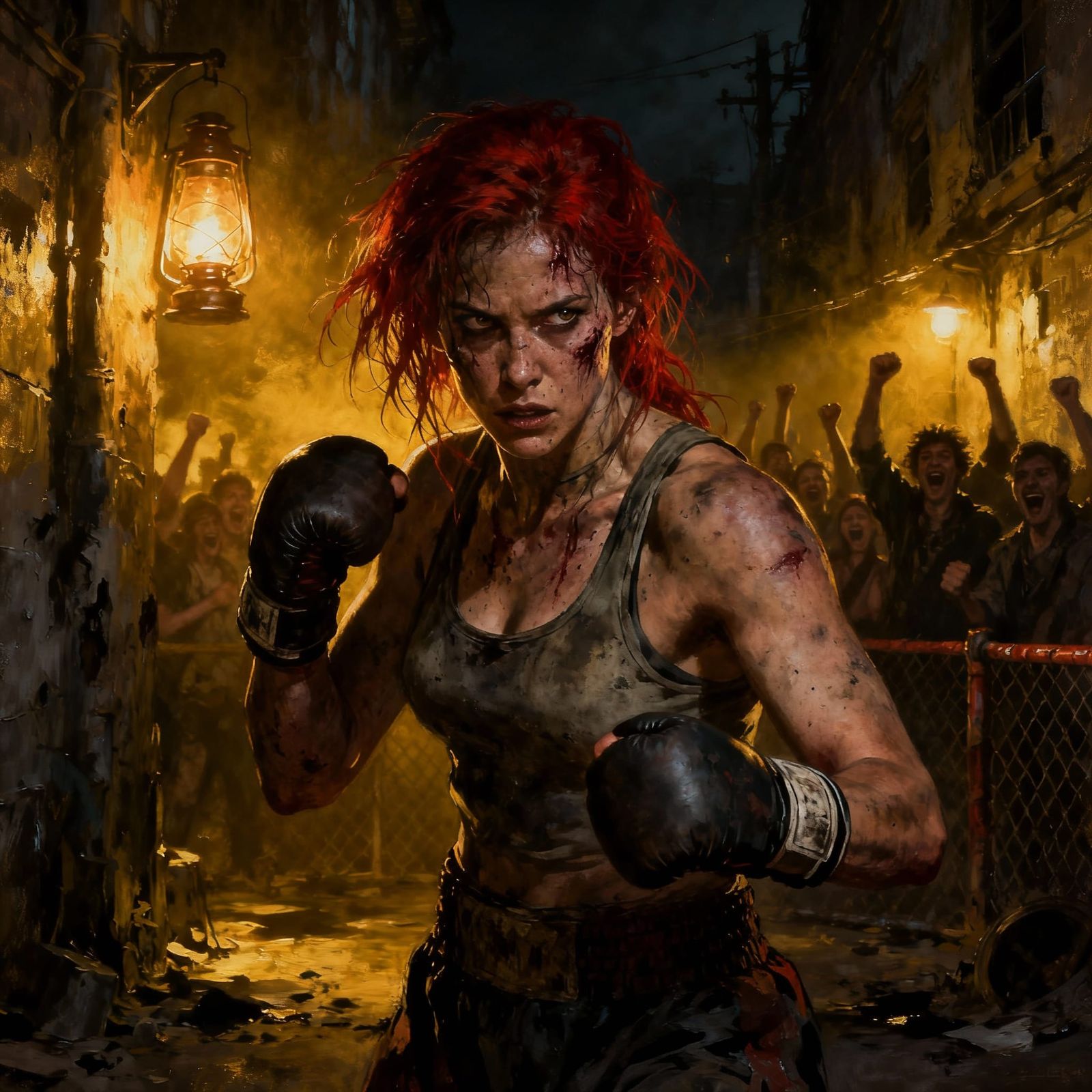 Bare Knuckle Lady Boxer in Grimy Alleyway