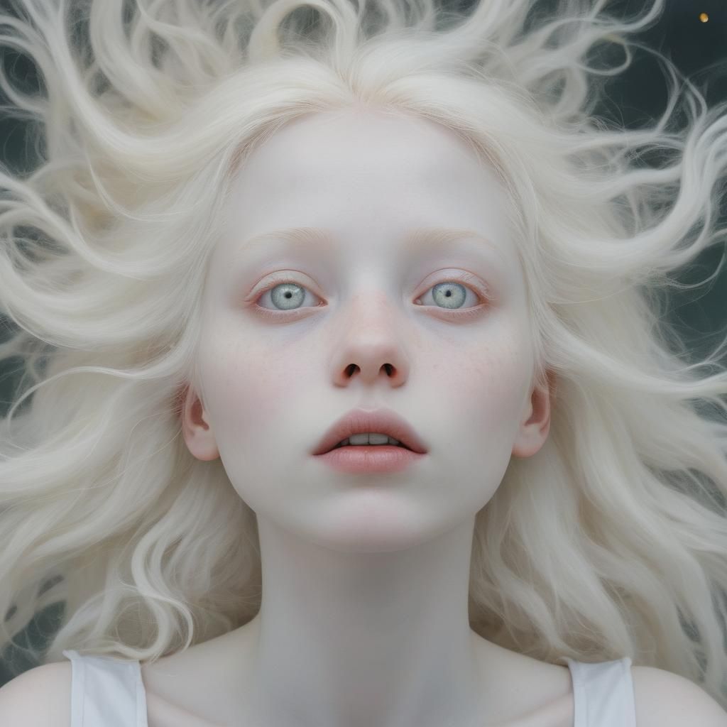 Albino Girl with White Eyes Gazing Skyward