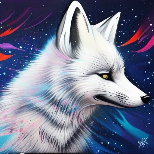 Magic White Fox in Night Sky: Graffiti Art