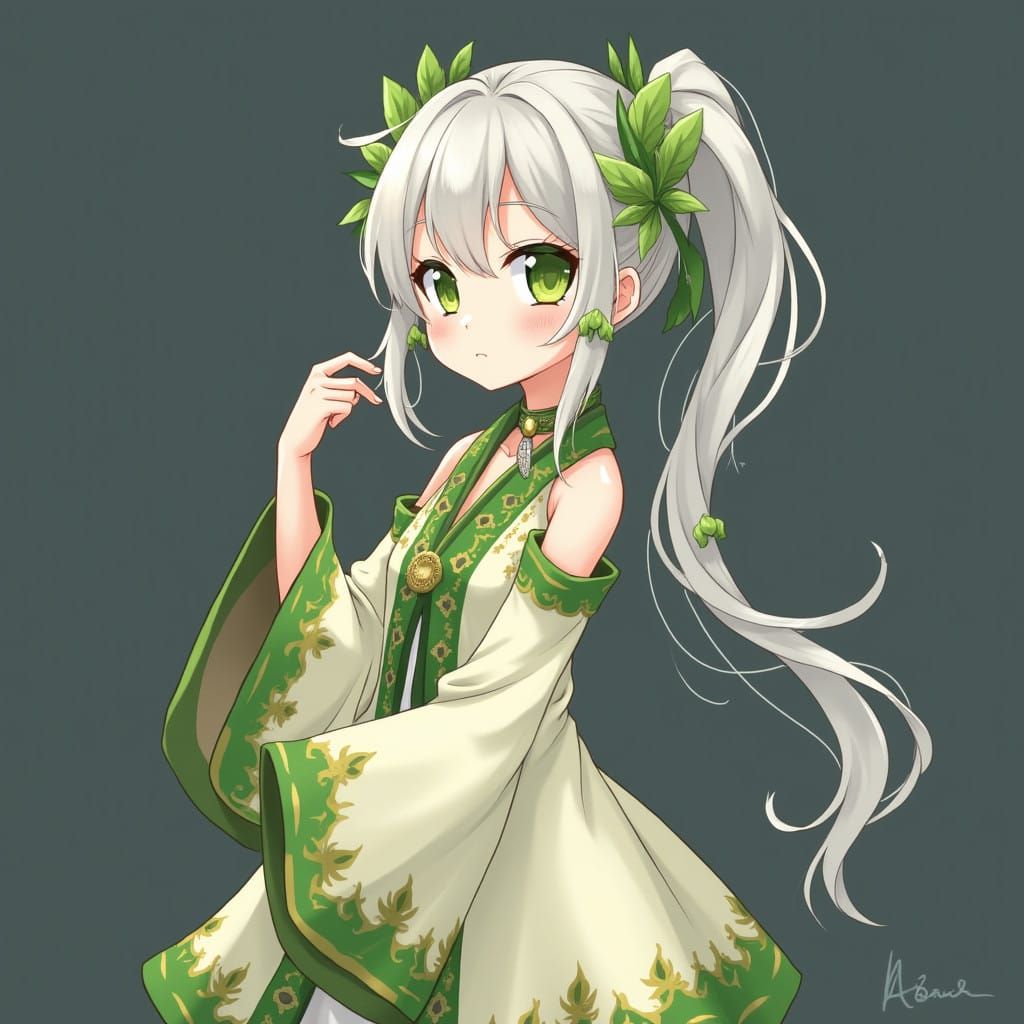 Anime-Inspired Girl with Vibrant Green Accents and Delicate...