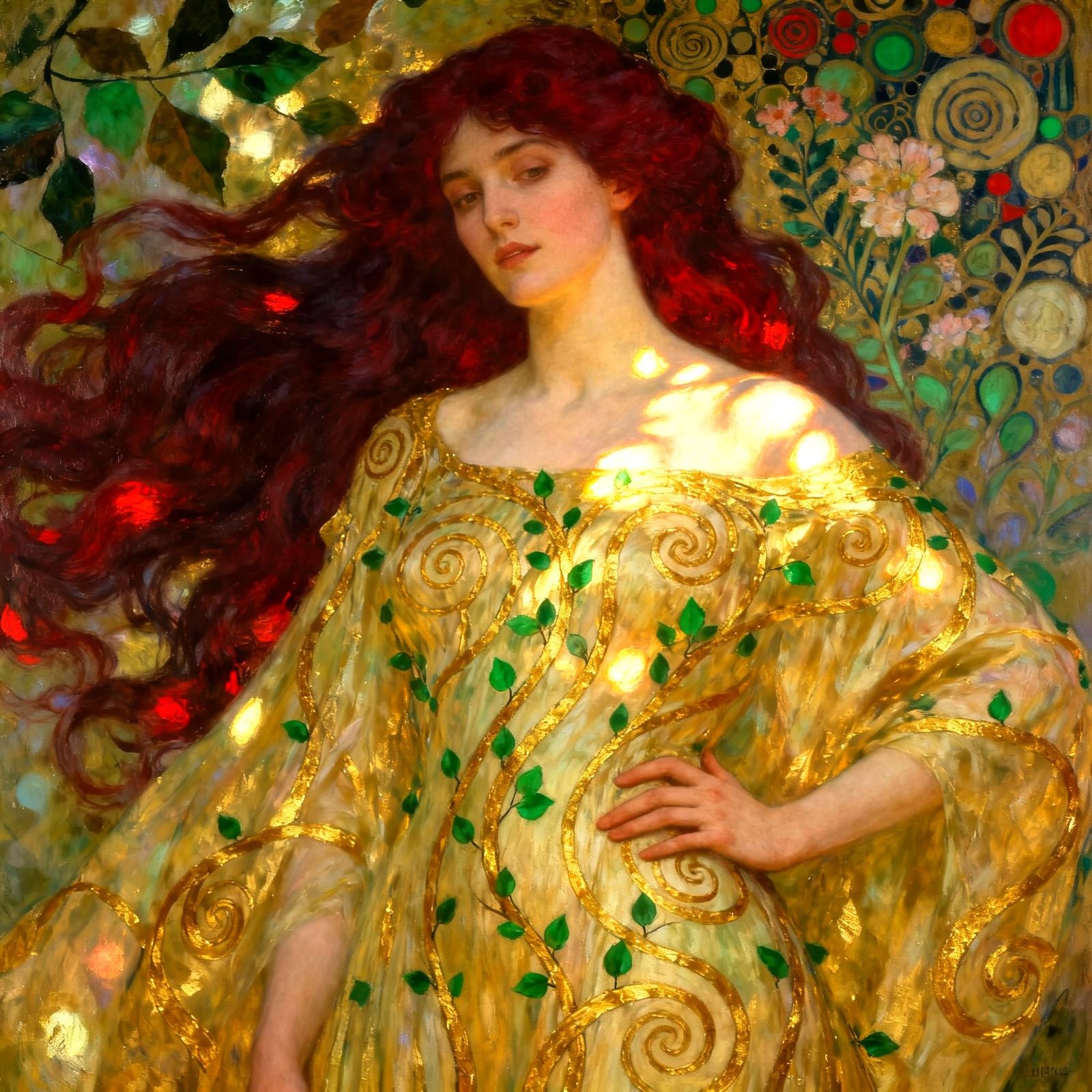 Sensual Woman with Red Hair and Green Leaves in Klimt Style