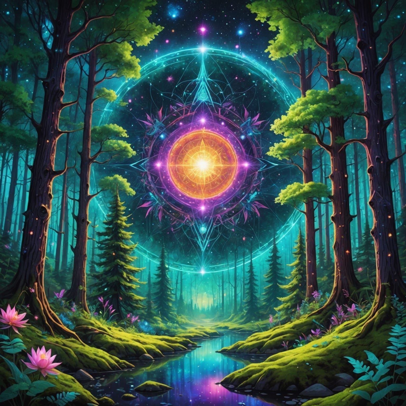 Cosmic Forest Illustration in Holographic Style