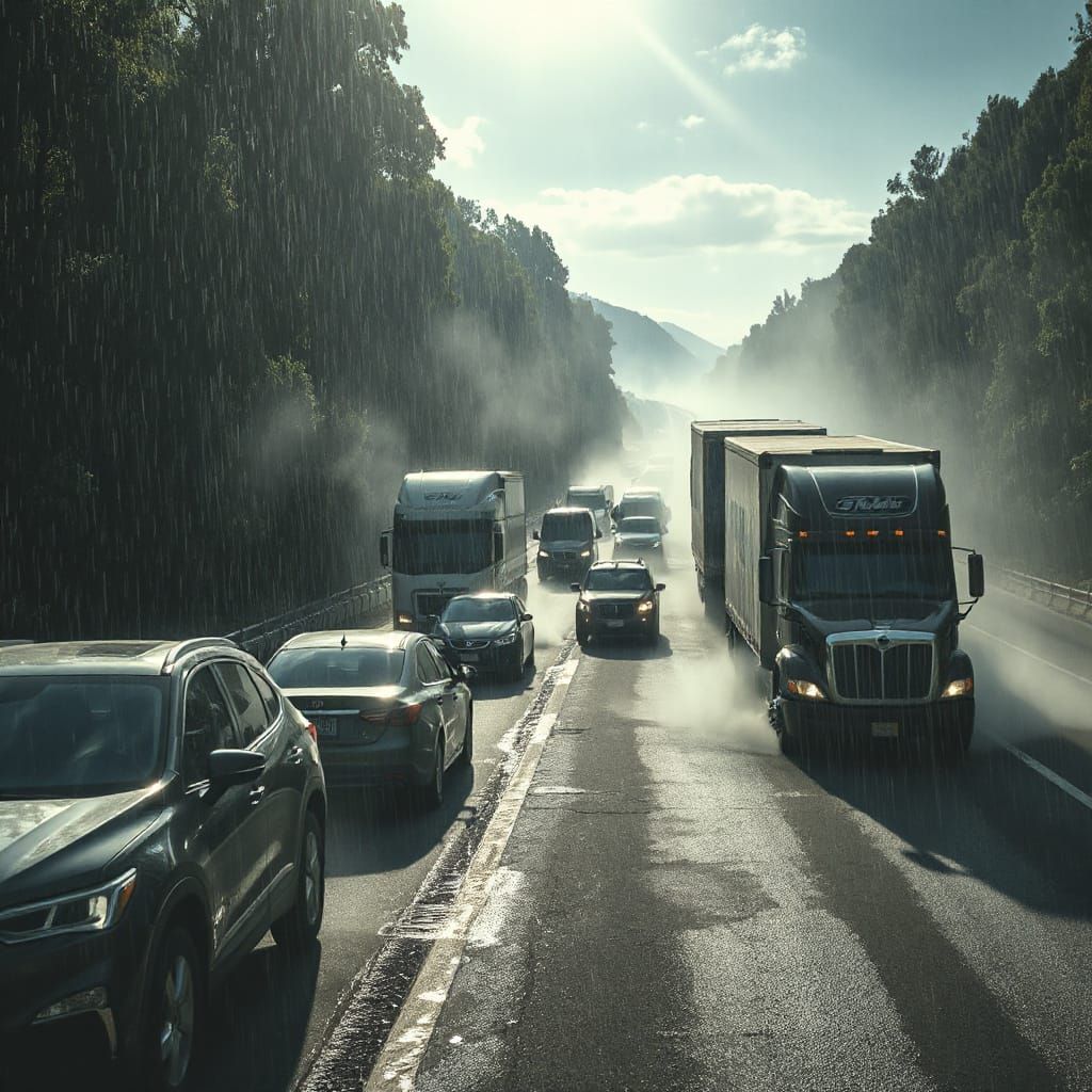Rainy Highway Scene in a Dreamlike Style