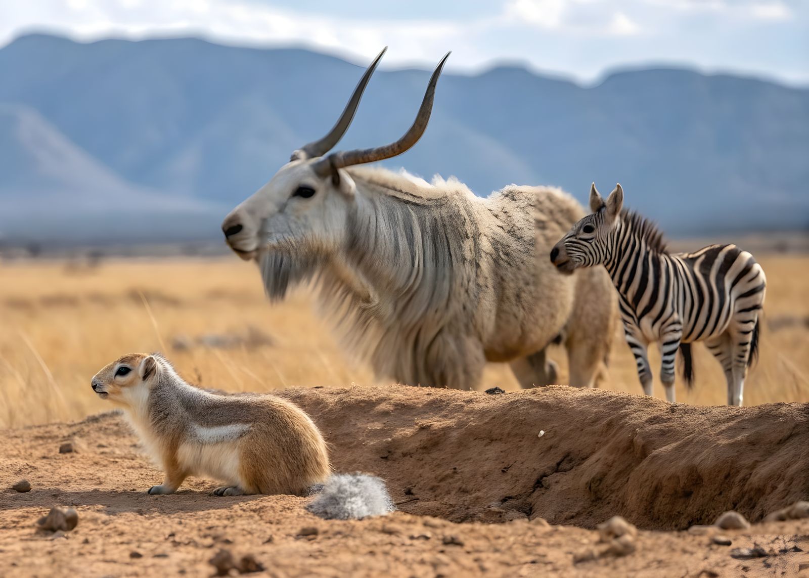 Photorealistic and ultra detailed pictur of a Xerus squirrel, Yak and Zebra. On the sunbaked African plains, a tan Xerus...