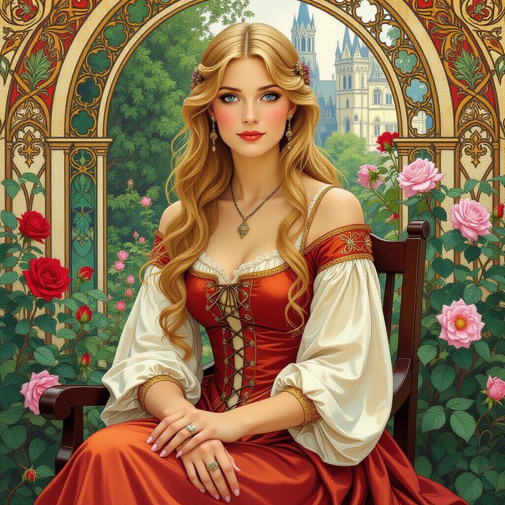 Medieval Lady in Rose Garden, Art Nouveau Style