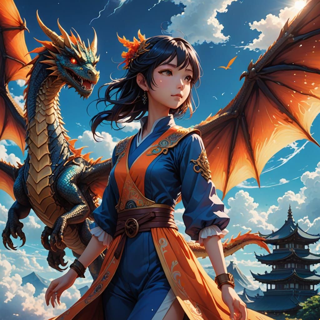 Anime Girl and Flying Dragon Soar Through the Skies in Vibra...