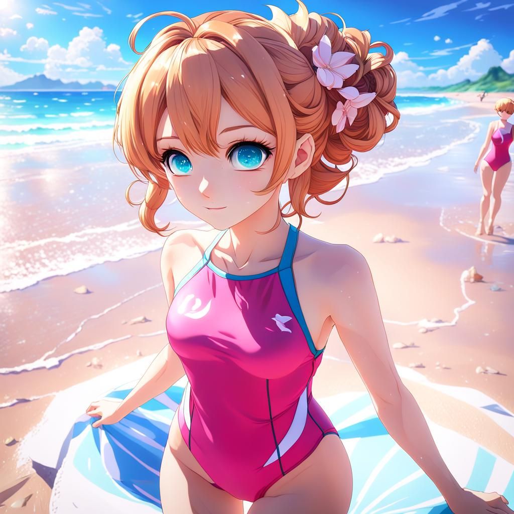 Anime Girl's Beach Day in Cel Shading Style