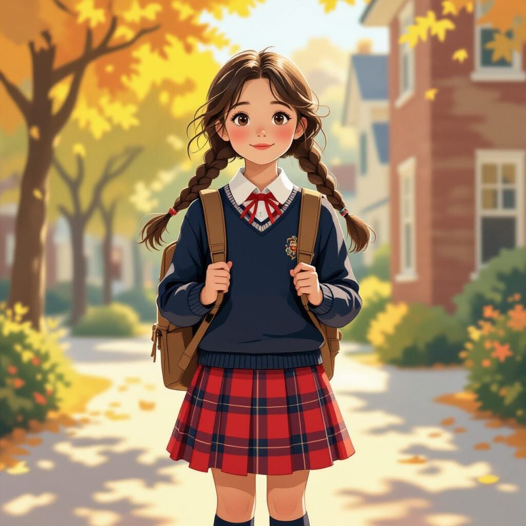 Schoolgirl in Golden Light: Impressionist Whimsical Illustra...