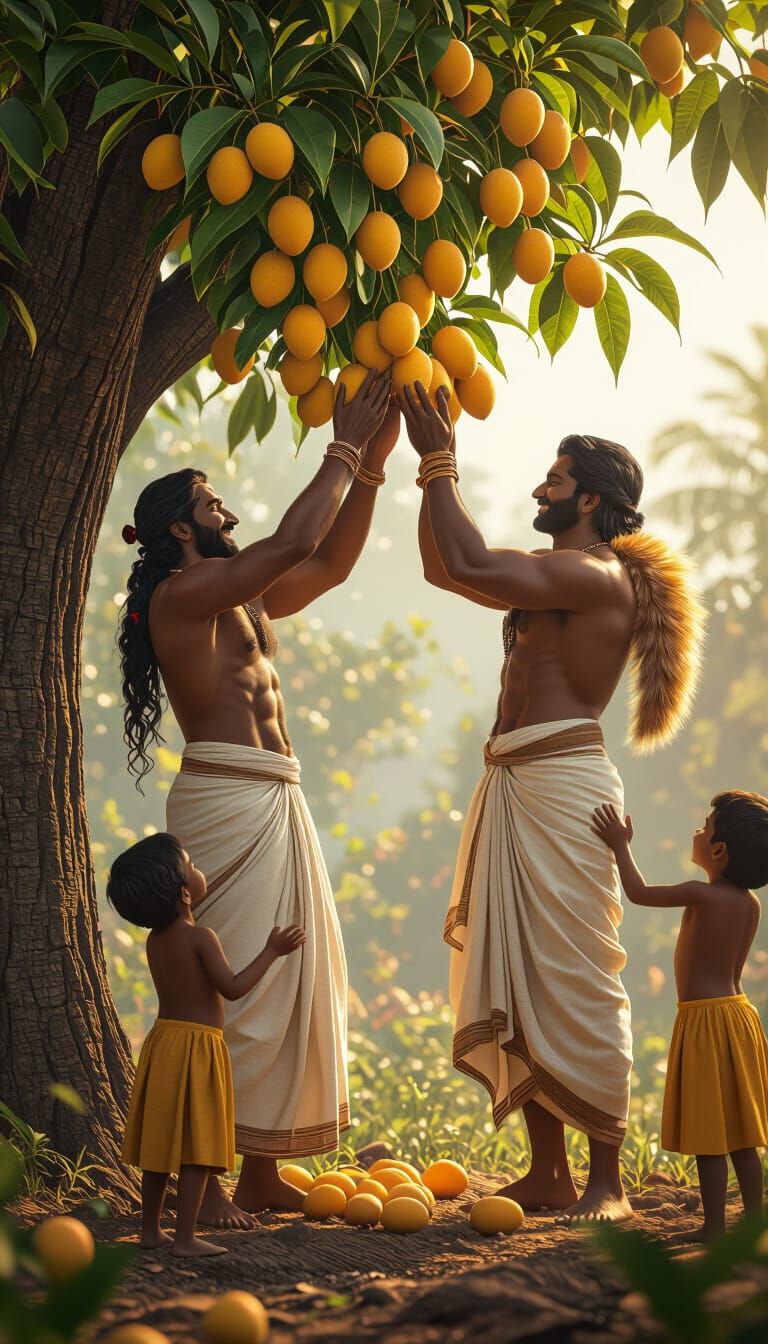 Farmer and Squirrel Harvesting Mangoes in 3D Game Style