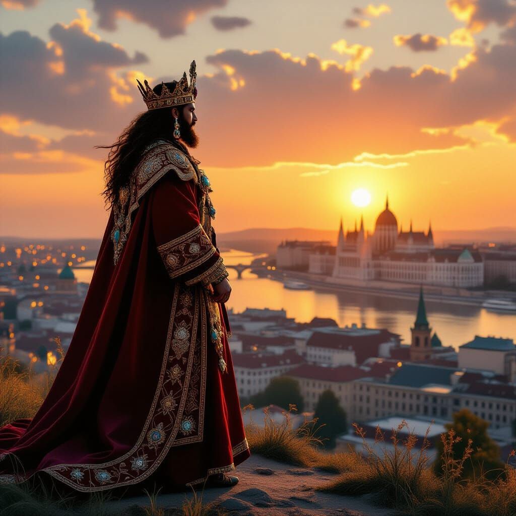 Gypsy King Overlooks Budapest Sunset, Cinematic Style