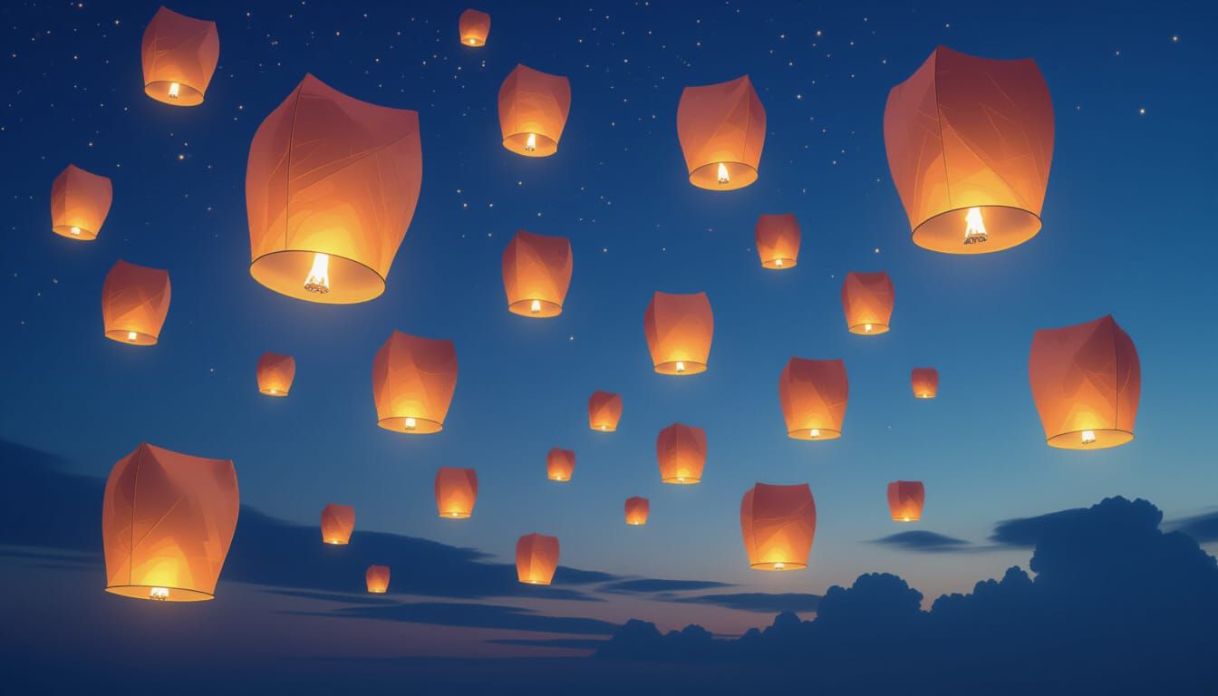 Sky Lanterns Glow in Ethereal Night Sky