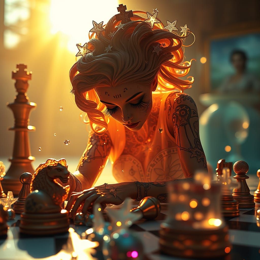 Surreal Chess Queen Collects Debris in Golden Hour Light