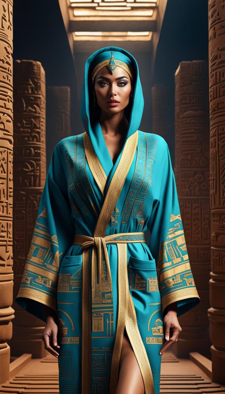 Portrait of a stunning model wearing an open  hieroglyphic c...