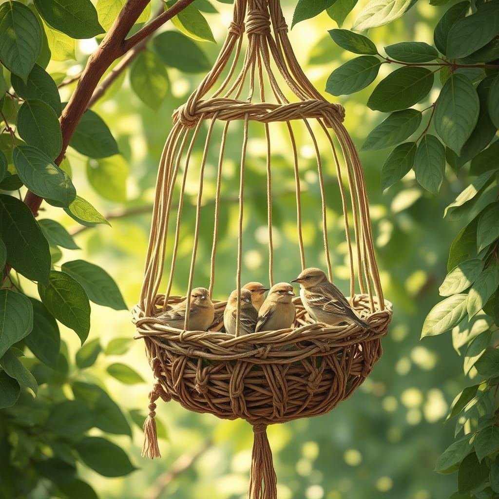 Whimsical Twig & Macrame Birdcage with Sparrows