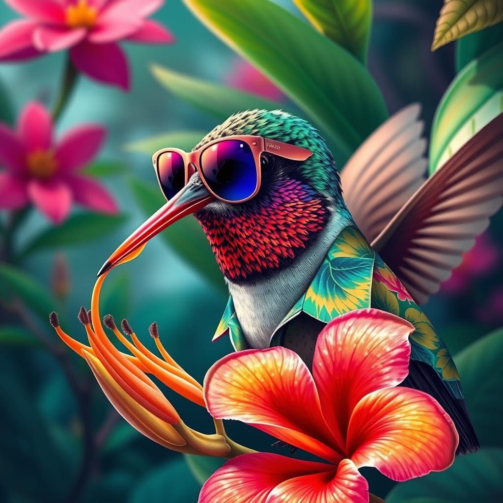Hummingbird in Sunglasses Sipping Nectar, Photorealistic Sty...