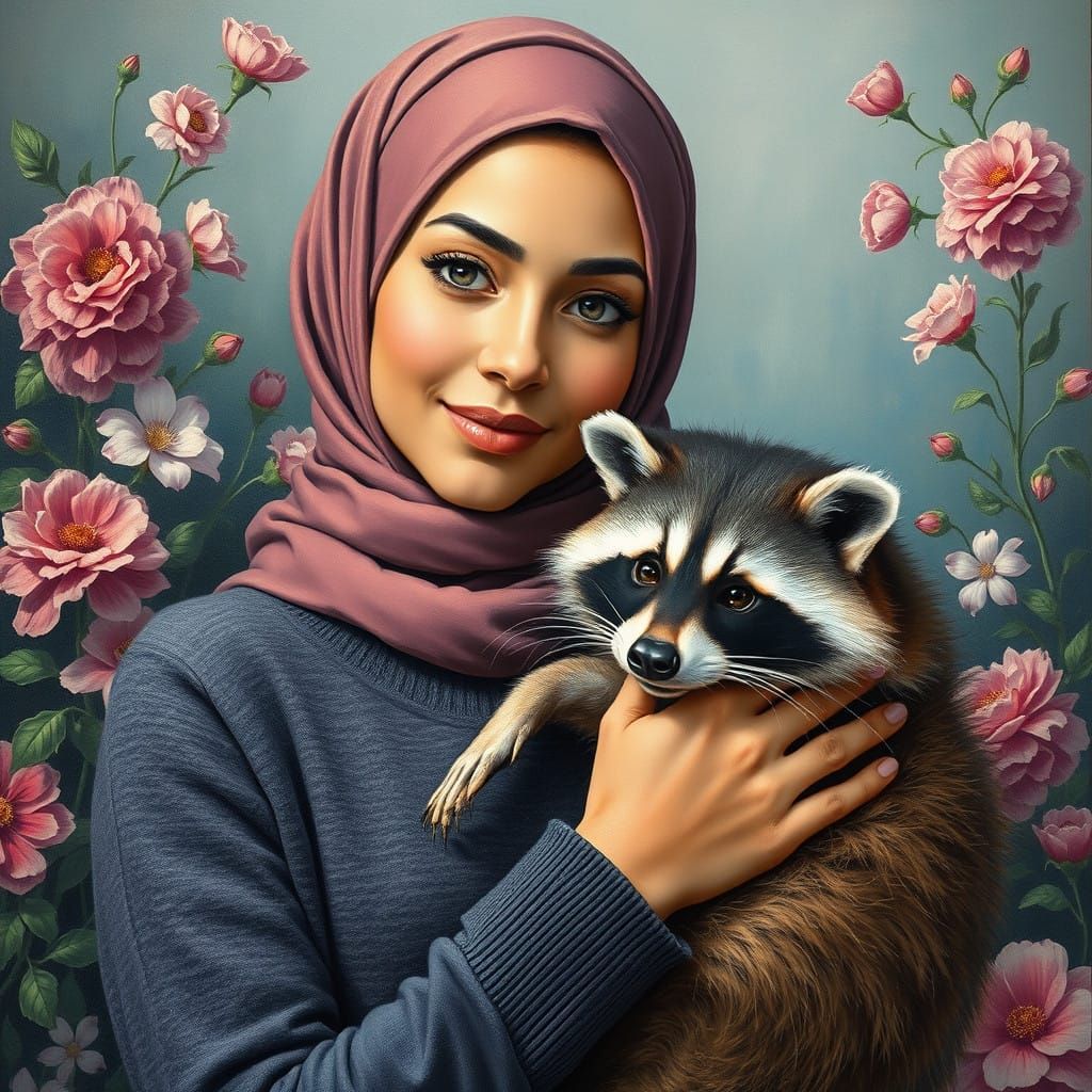 European Hijabi Woman with Raccoon in Vibrant Oil Painting