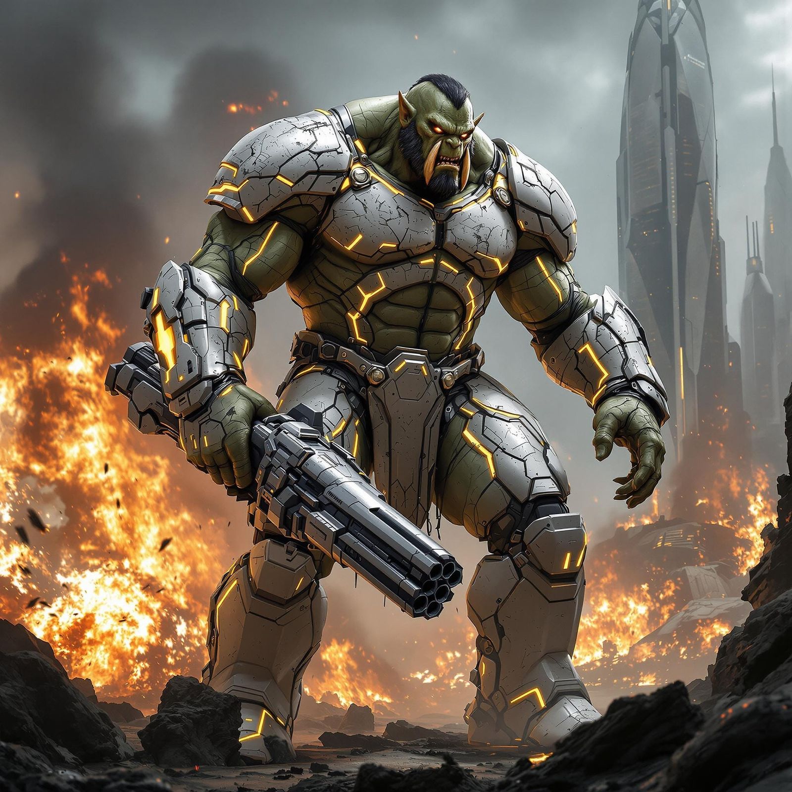 Cyberpunk Orc Warrior Unleashes Fury in Futuristic Battle